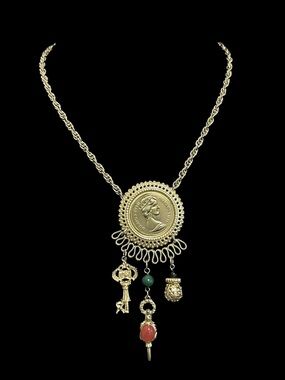 Gold-Tone Coin Pendant Necklace with Multi-Charm Drops